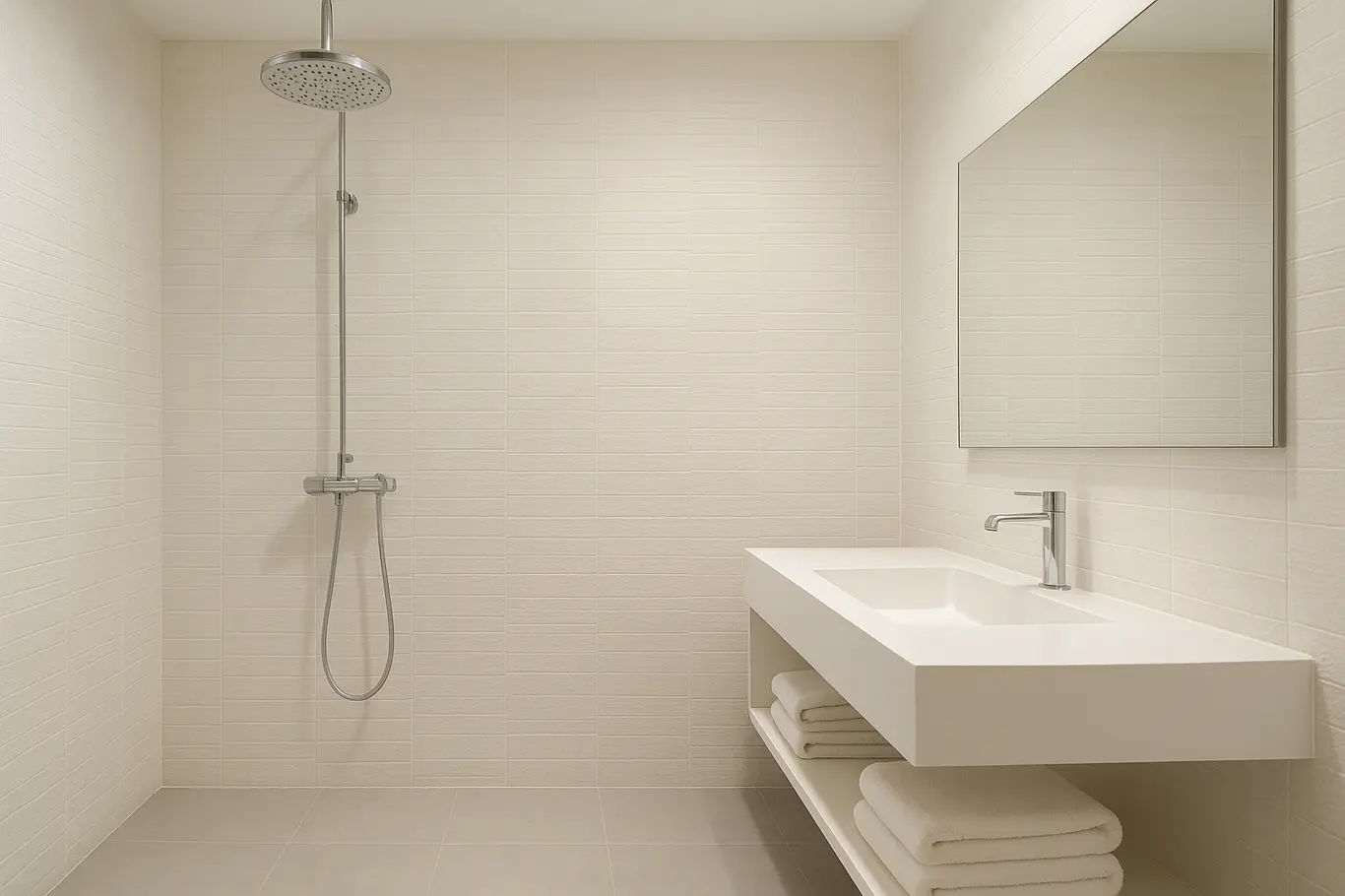 banheiro ducha grande moderno elegante Banheiro moderno com ducha grande de teto cromada, bancada branca minimalista e azulejos texturizados claros