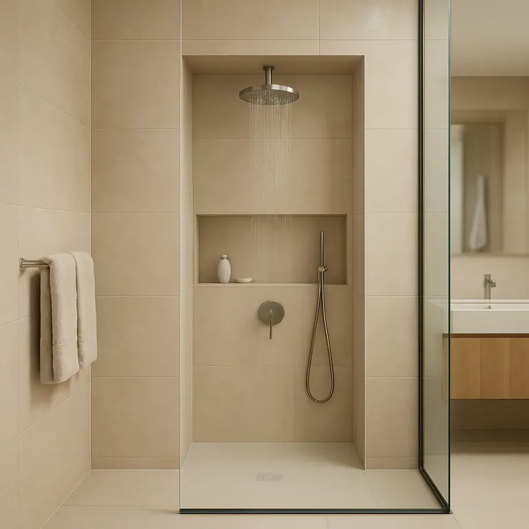 Banheiro moderno elegante com ducha grande em nicho amplo com divisoria de vidro transparente