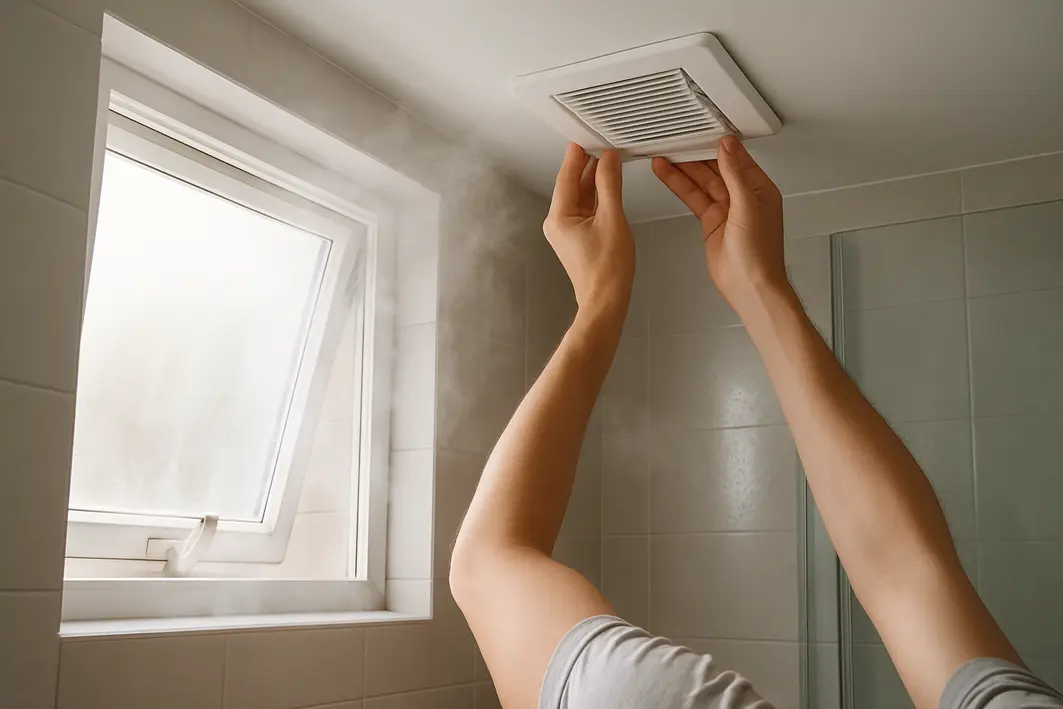 Banheiro moderno com janela aberta e mãos ajustando exaustor no teto, vapor de água saindo pela abertura