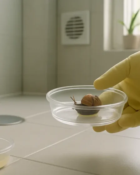 banheiro moderno caramujo pote Mão com luva segurando pote com caramujo vivo no chão de banheiro moderno com azulejos claros e ralo vedado