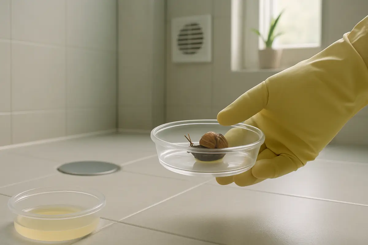 banheiro moderno caramujo pote Mão com luva segurando pote com caramujo vivo no chão de banheiro moderno com azulejos claros e ralo vedado