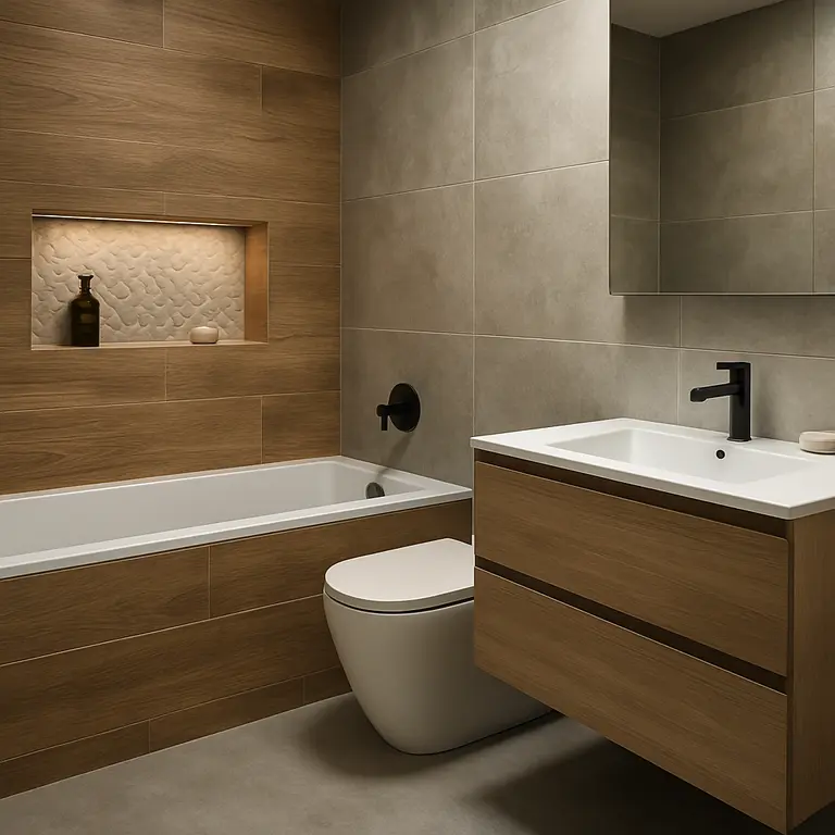 Banheiro moderno com paredes em porcelanato acetinado efeito madeira e pedra, nicho com revestimento 3D texturizado em tom neutro e piso de cimento queimado suave