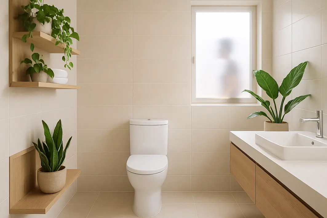 banheiro plantas folha verde umido Banheiro moderno com plantas verdes em prateleiras e nichos contra paredes claras e detalhes em madeira