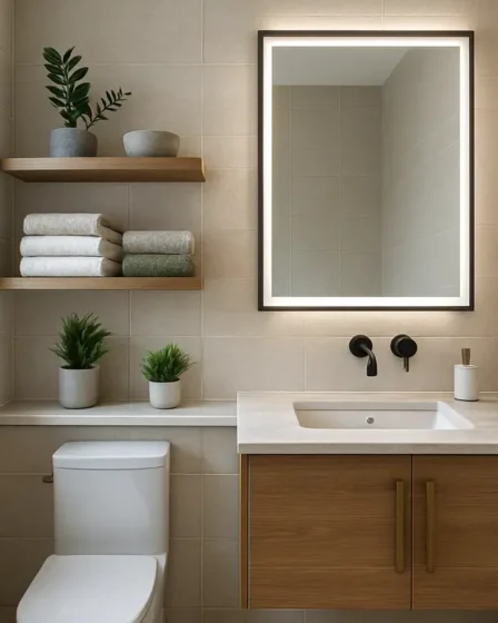 banheiro social decorado elegante funcional Banheiro social pequeno elegante com armários suspensos bancada em porcelanato espelho grande com luz led natural