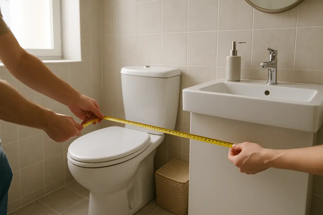 Pessoa medindo espaço entre vaso sanitário e bancada de pia em banheiro social com azulejos claros e iluminação natural