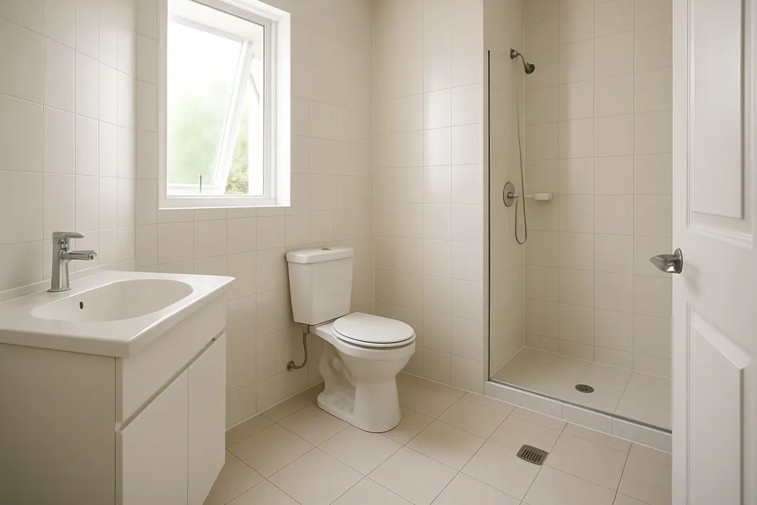 Banheiro residencial amplo com paredes claras, piso limpo, porta com vedacao e ralo com tampa instalada