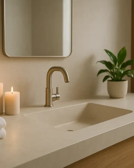 banheiro wellness bancada pia esculpida plantas Banheiro wellness moderno com bancada limpa, pia esculpida, plantas verdes, velas acesas e toalhas de algodão branco organizadas