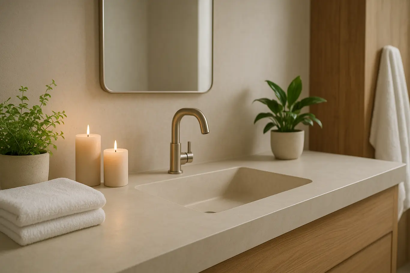 banheiro wellness bancada pia esculpida plantas Banheiro wellness moderno com bancada limpa, pia esculpida, plantas verdes, velas acesas e toalhas de algodão branco organizadas