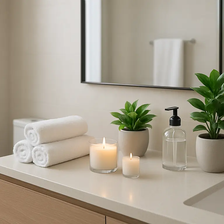 Banheiro moderno com banheira central, plantas e iluminação natural