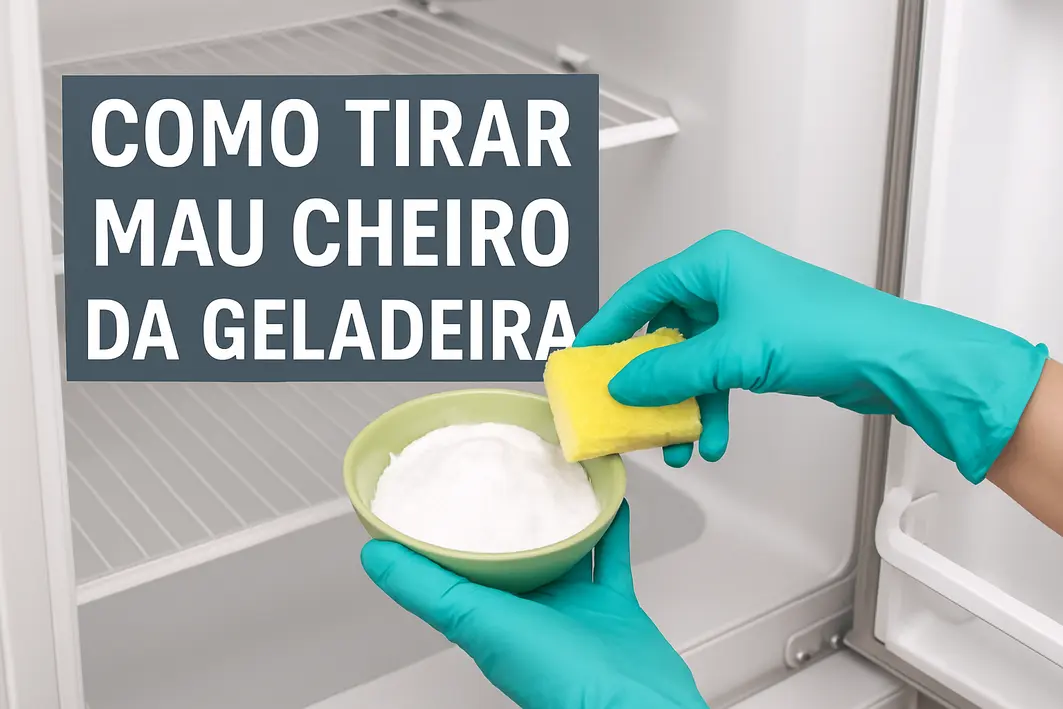 Mãos adultas segurando tigela aberta de bicarbonato de sódio dentro de geladeira organizada