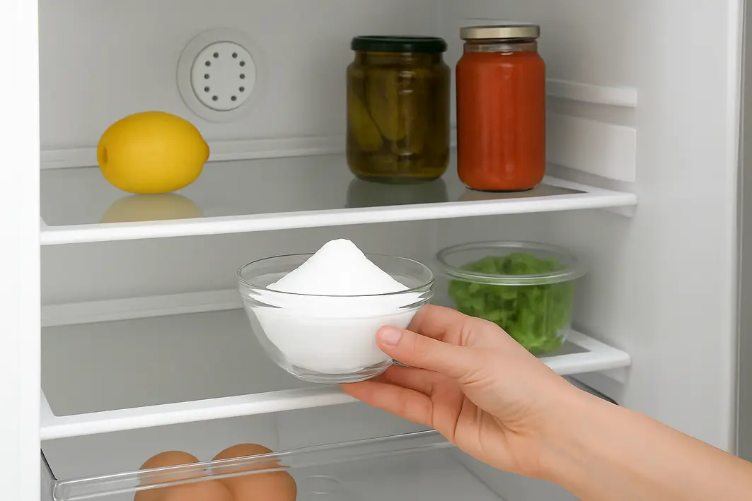 Mão adulta retirando pote de vidro aberto com bicarbonato de sódio dentro da geladeira limpa