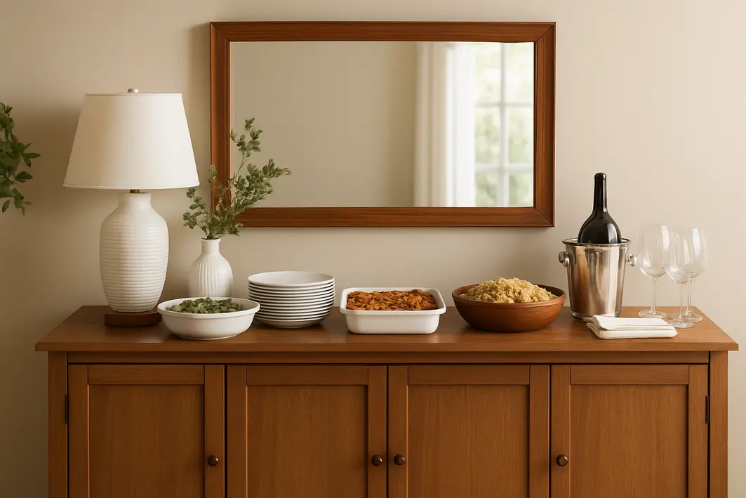 Mão feminina organizando taças de cristal brilhantes no buffet de madeira clara na sala de jantar com pratos de porcelana branca ao fundo