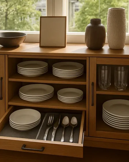 buffet sala jantar organizado elegante 1 Buffet moderno na sala de jantar com pratos organizados, copos em suportes, gavetas com talheres e prateleiras ajustáveis sob luz natural