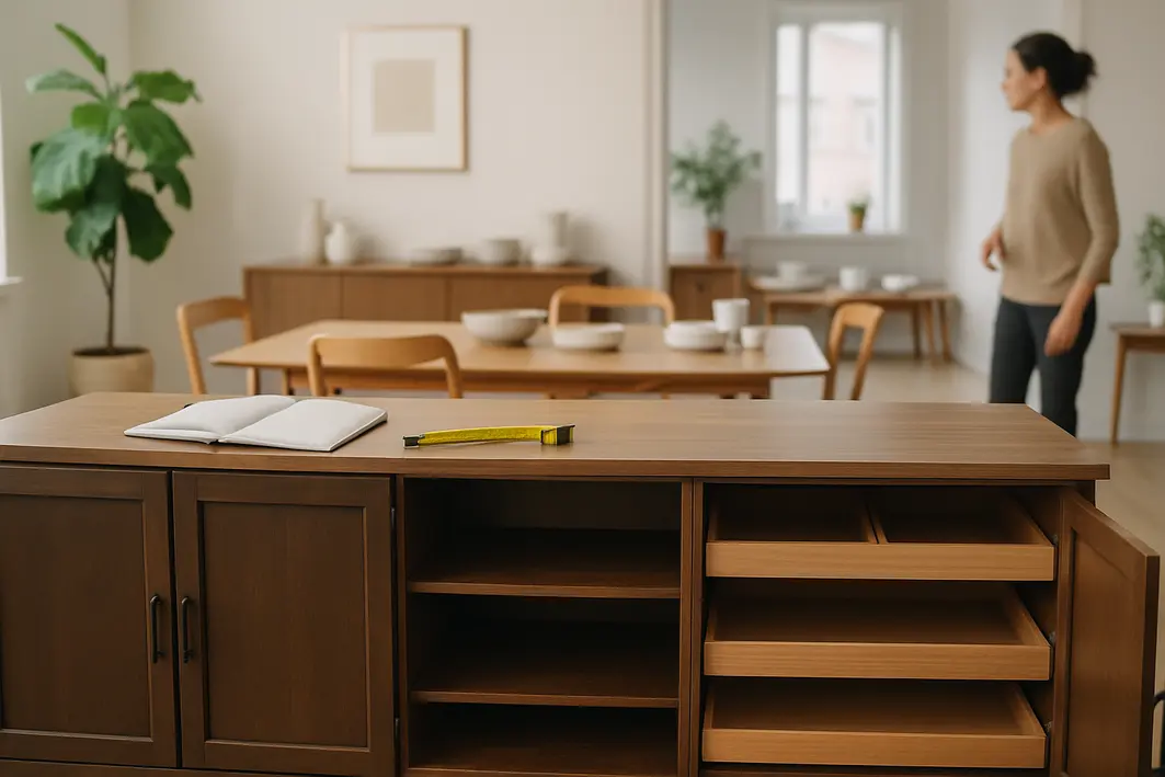 Buffet aberto em sala de jantar ampla mostrando divisorias e bandejas internas vazias com cadernos e fita metrica sobre tampo