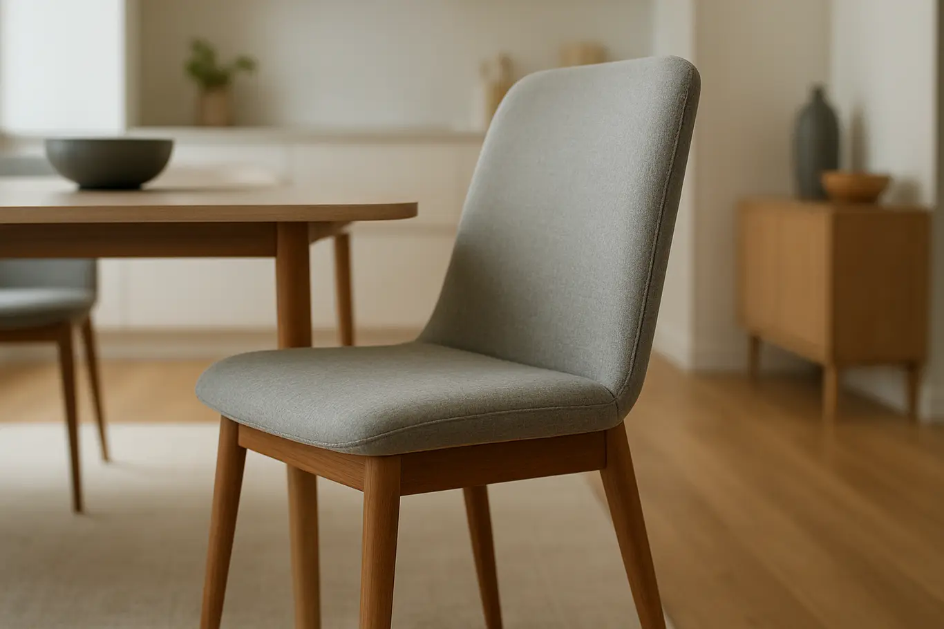 cadeira de jantar moderna ambiente sofisticado Cadeira de jantar moderna em madeira com estofado em tecido em ambiente doméstico elegante