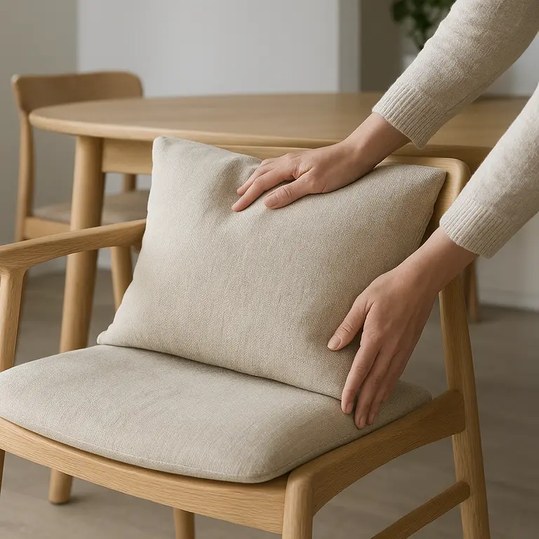 Pessoa ajustando almofadas de tecido em cadeira de jantar escultural de madeira clara em sala contemporânea