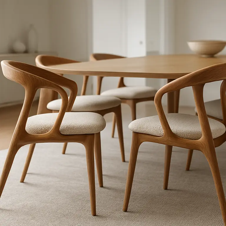 Cadeira de jantar escultural em madeira com estofado de tecido confortável