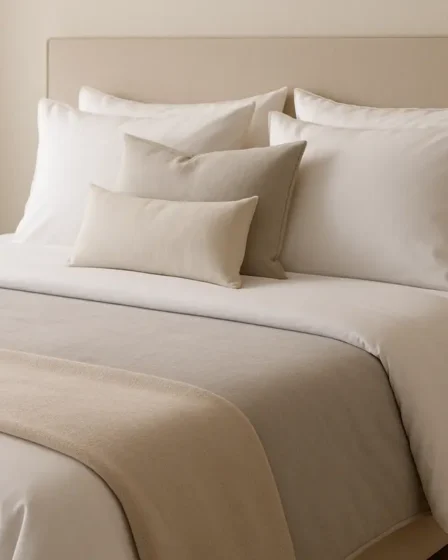 cama estilo hotel almofadas dobra Cama estilo hotel arrumada com almofadas dispostas em camadas e dobra decorativa no lençol superior