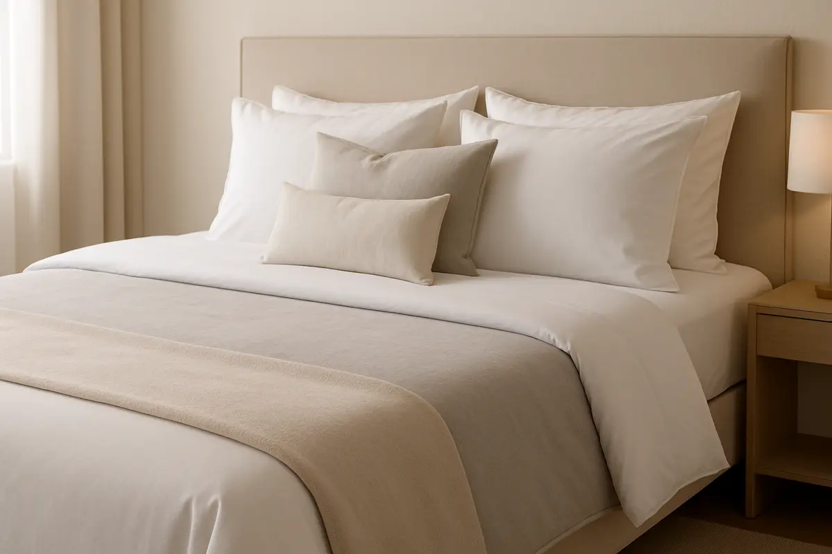 cama estilo hotel almofadas dobra Cama estilo hotel arrumada com almofadas dispostas em camadas e dobra decorativa no lençol superior