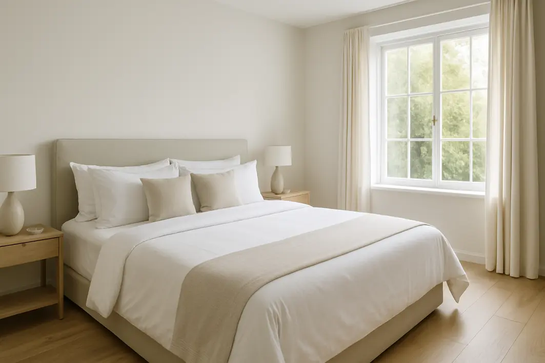 Quarto espaçoso com cama king size arrumada estilo hotel com almofadas em camadas e lençóis claros sob iluminação natural