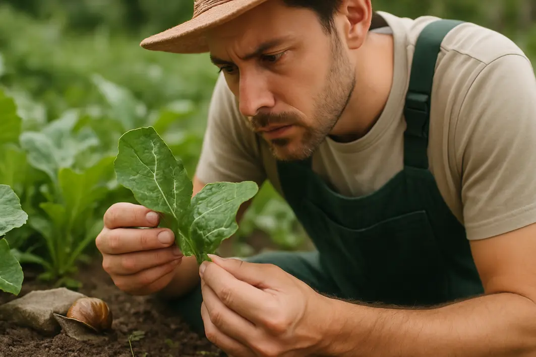 Jardineiro agachado observando folha com bordas irregulares e trilhas de muco ao lado de caramujo sob pedra na horta