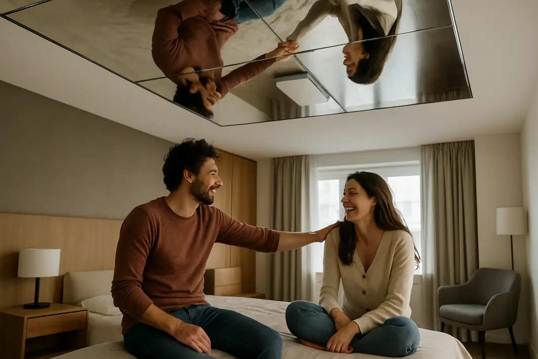 Casal interagindo em quarto moderno com espelho no teto refletindo luz natural