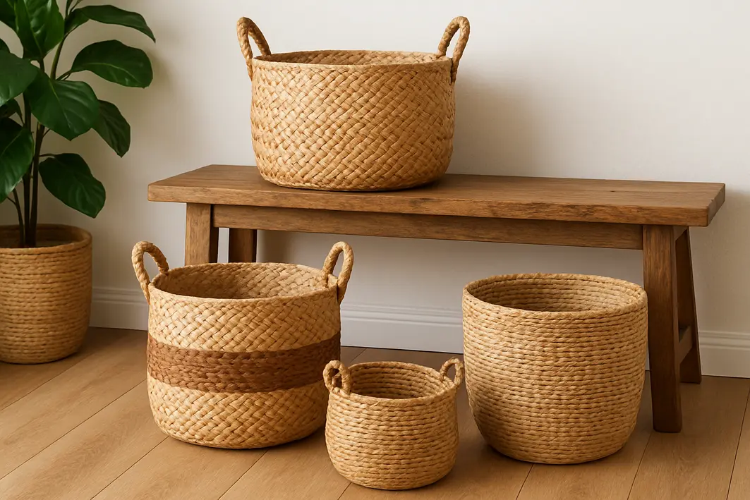 Mão feminina organizando roupas delicadas em cesto de fibras naturais trançadas em ambiente interno minimalista