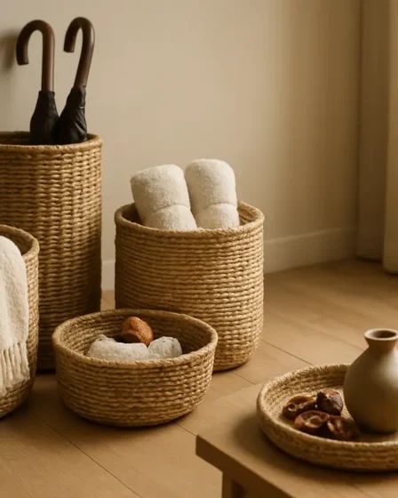 cestos fibras naturais decoracao Agrupamento de cestos de fibras naturais em sala minimalista com manta creme, guarda-chuvas, toalhas enroladas e vaso de cerâmica