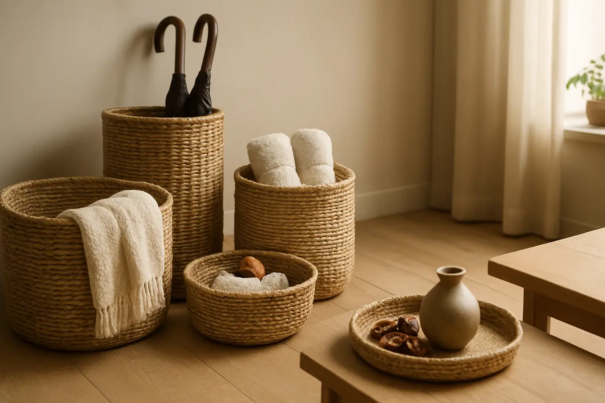 cestos fibras naturais decoracao Agrupamento de cestos de fibras naturais em sala minimalista com manta creme, guarda-chuvas, toalhas enroladas e vaso de cerâmica