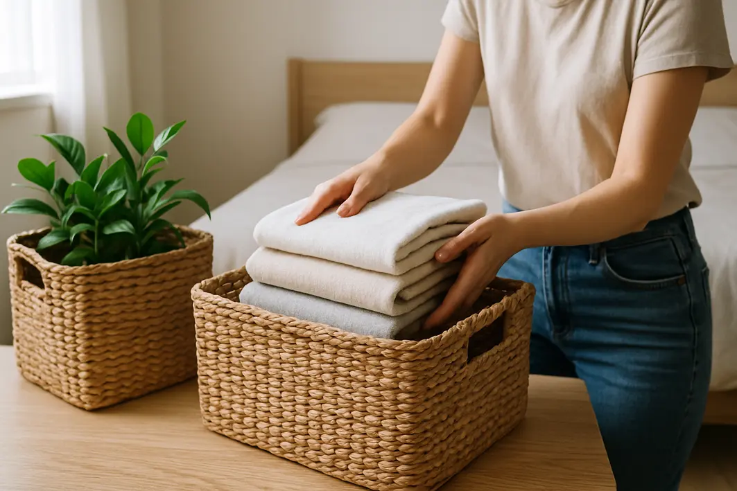 Mão feminina colocando roupas dobradas dentro de cesto de fibras naturais de rattan ao lado de cesto com plantas verdes em quarto organizado