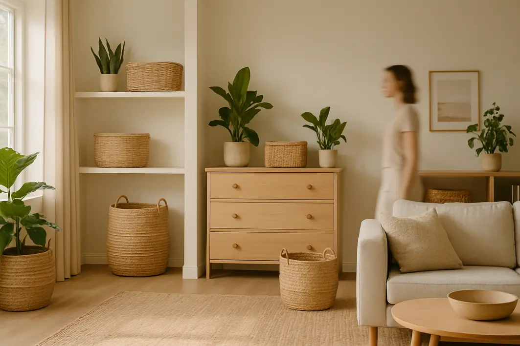 Sala de estar ampla e organizada com cestos de fibras naturais em prateleiras, cômoda e piso integrados a móveis de madeira clara e plantas