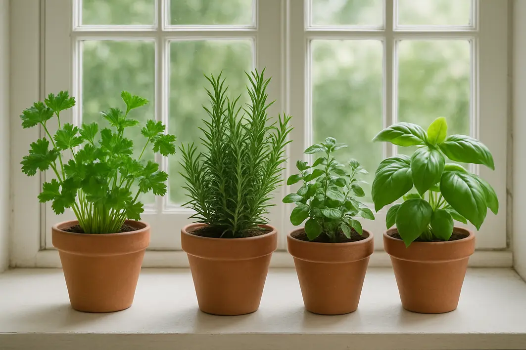 Mão colhendo folhas frescas de manjericão de vaso na janela iluminada