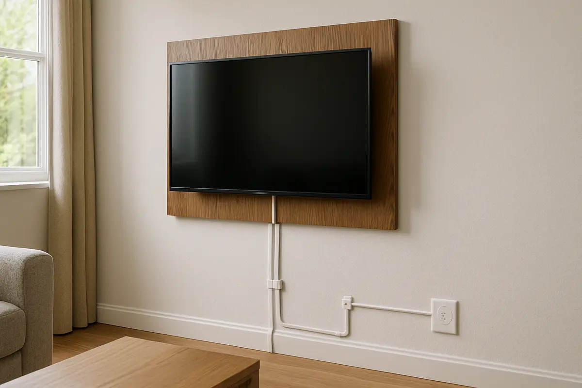 como esconder fios da tv painel madeira e canaleta Sala moderna com TV instalada em painel de madeira com canaletas brancas para organizar cabos sem deixar fios aparentes