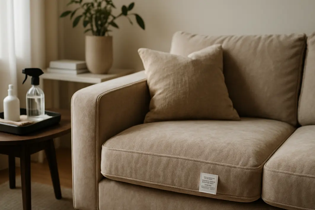 Sofá de veludo cinza em sala de estar elegante com etiqueta de tecido no braço e itens de limpeza caseiros sobre bandeja