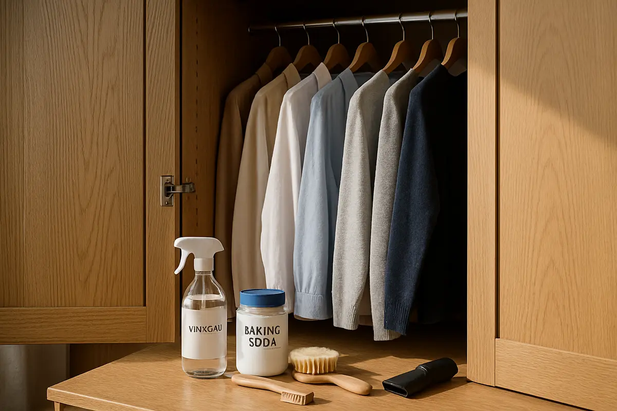 como tirar cheiro mofo guarda roupa Guarda roupa organizado com portas abertas mostrando roupas limpas, utensilios de limpeza como vinagre branco, bicarbonato e aspirador pequeno