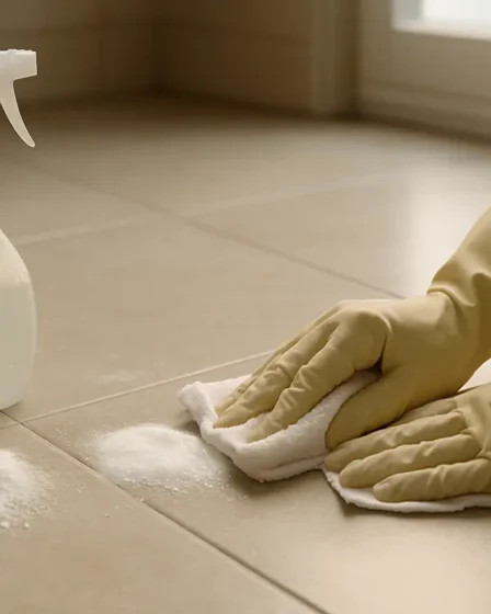 como tirar cheiro ovo chao Mãos com luvas de borracha limpando piso de porcelanato claro com pano úmido, bicarbonato de sódio e borrifador com vinagre gerando espuma