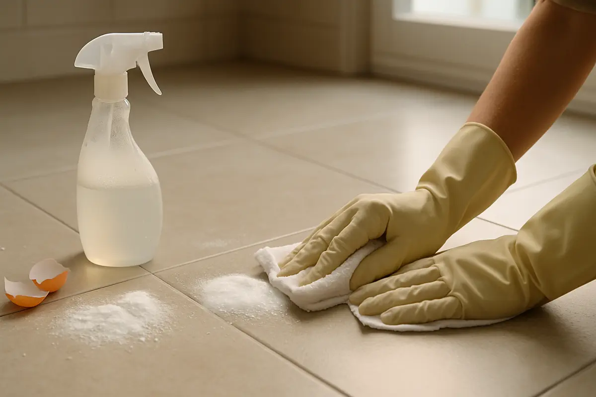 como tirar cheiro ovo chao Mãos com luvas de borracha limpando piso de porcelanato claro com pano úmido, bicarbonato de sódio e borrifador com vinagre gerando espuma
