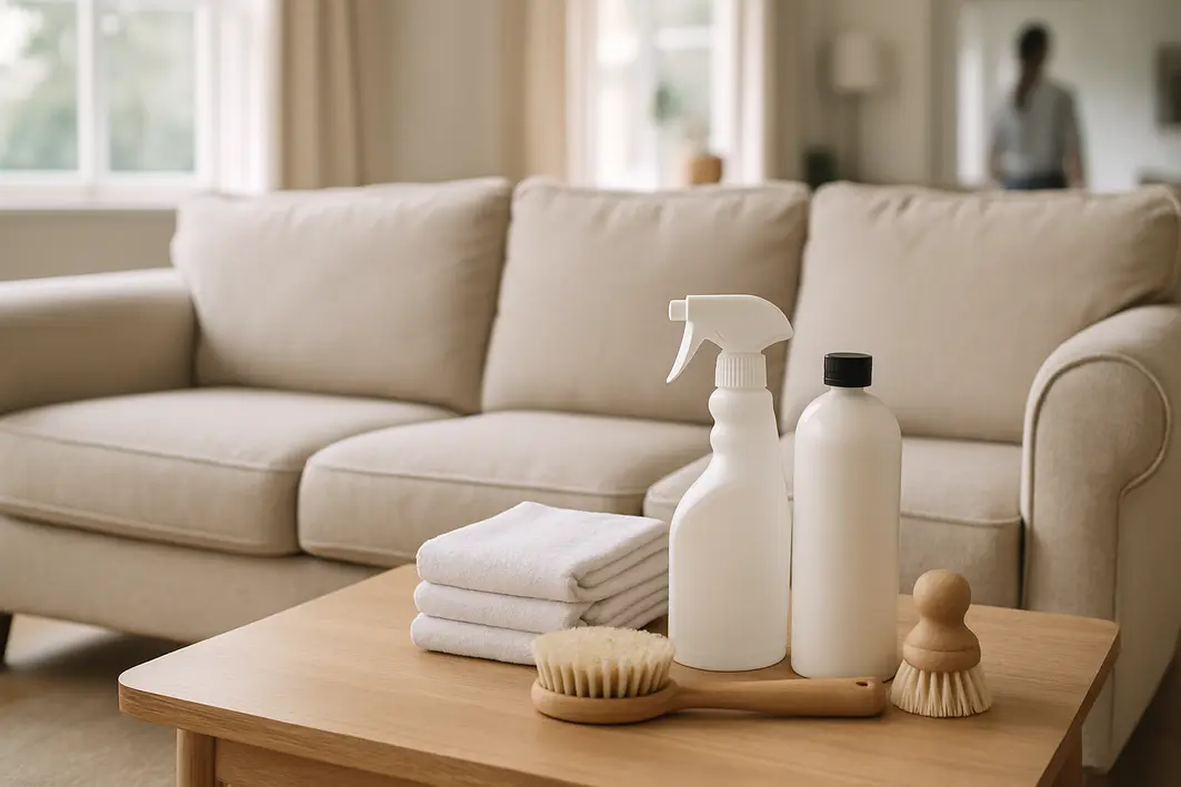 Sala de estar com sofa claro em tecido e produtos de limpeza sobre mesa para eliminar cheiro de xixi de gato