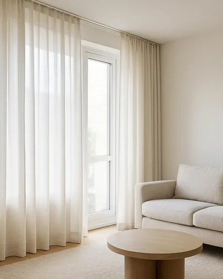 cortina instalada no teto sala moderna Sala moderna com cortina instalada do teto ao chão em tecido voile branco, iluminação natural e plantas pendentes