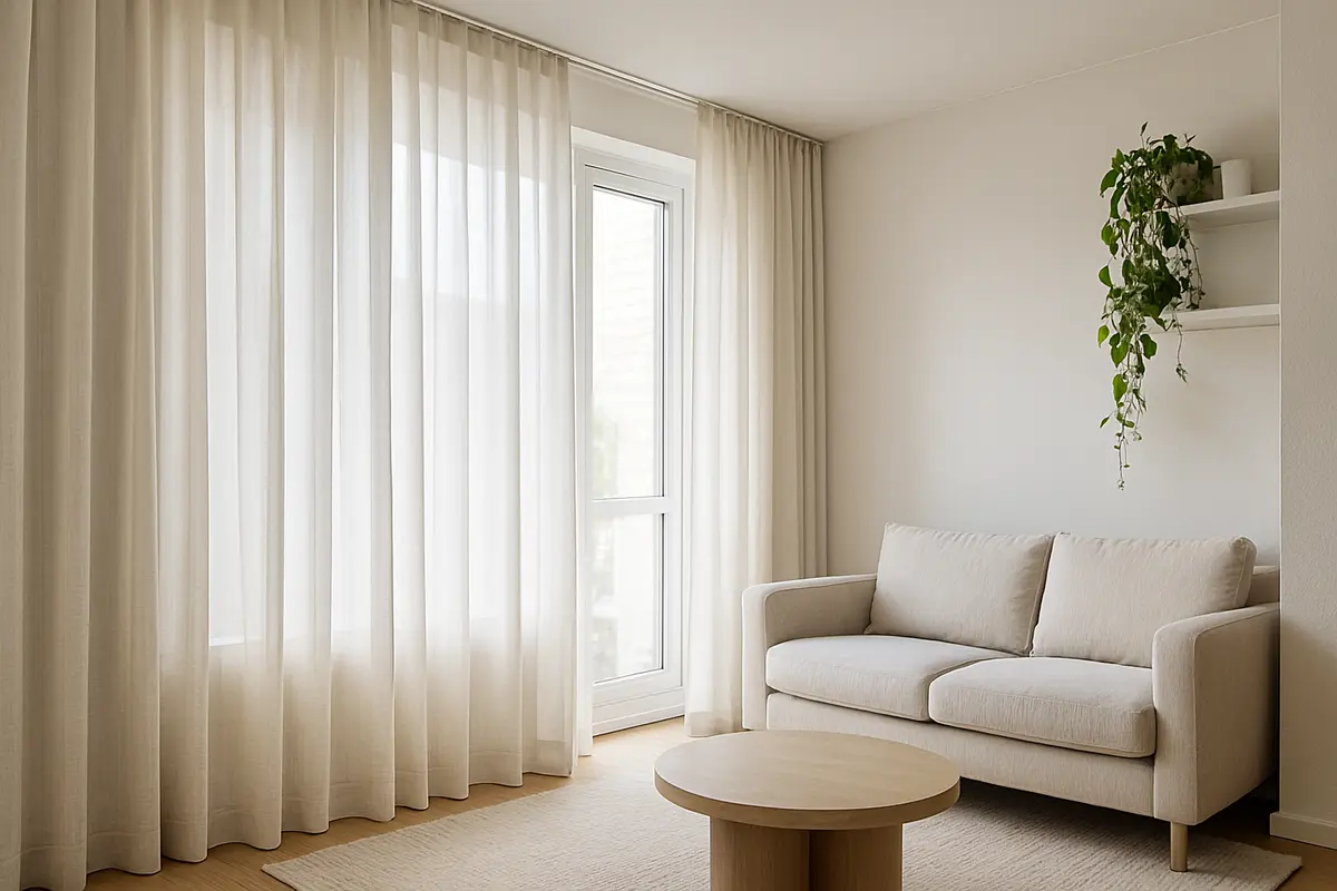 cortina instalada no teto sala moderna Sala moderna com cortina instalada do teto ao chão em tecido voile branco, iluminação natural e plantas pendentes