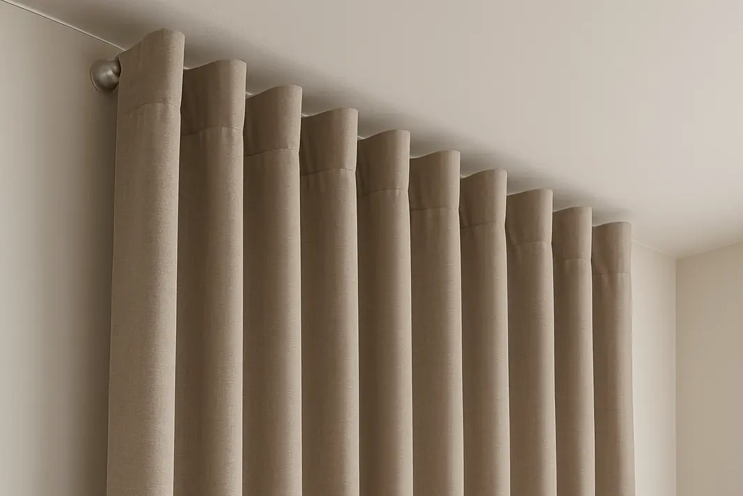 Mãos ajustando cortina translúcida instalada rente ao teto com trilho embutido em sala iluminada