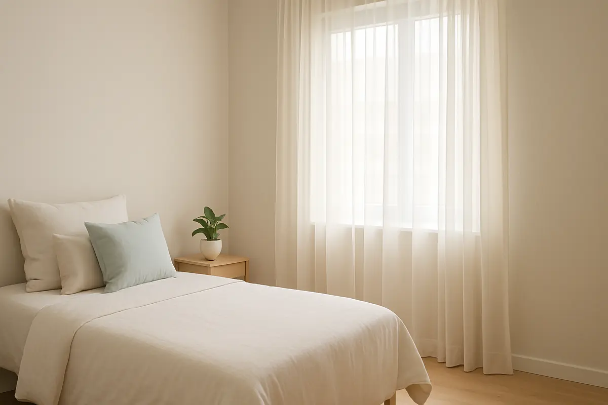 cortina quarto pequeno voal translucido Quarto pequeno minimalista com cortina de voal translúcido branca próxima ao teto