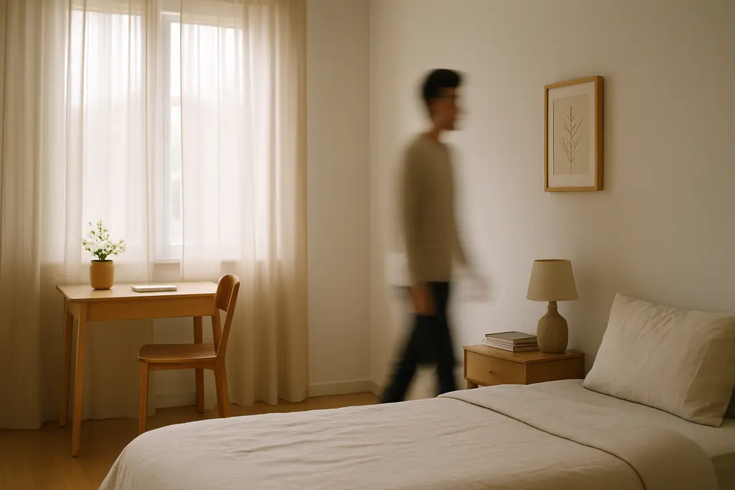 Quarto pequeno iluminado por luz natural com cortinas translúcidas de voil e linho, decoração minimalista e móveis claros