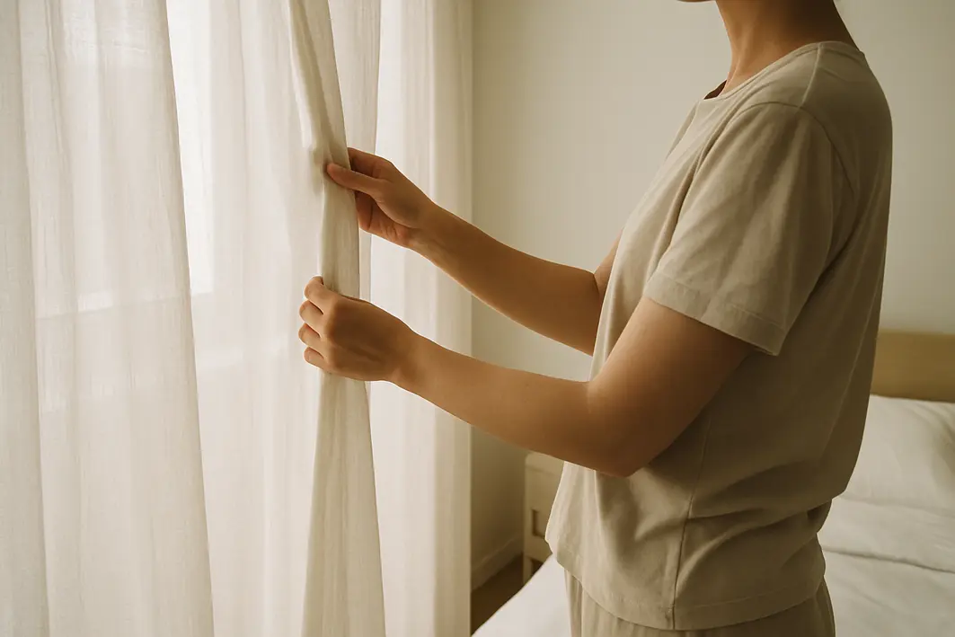 Pessoa ajustando cortina translúcida de tecido fino em quarto pequeno com luz natural