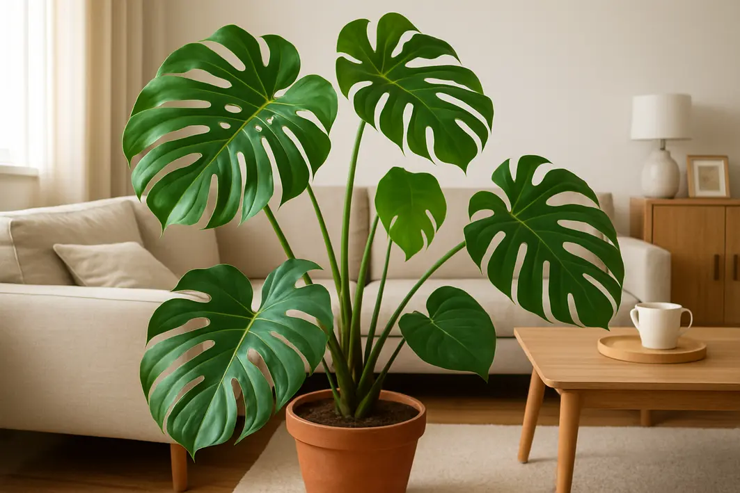 Pessoa ajustando costela de adão grande e saudável em vaso na sala de estar com folhas verdes recortadas