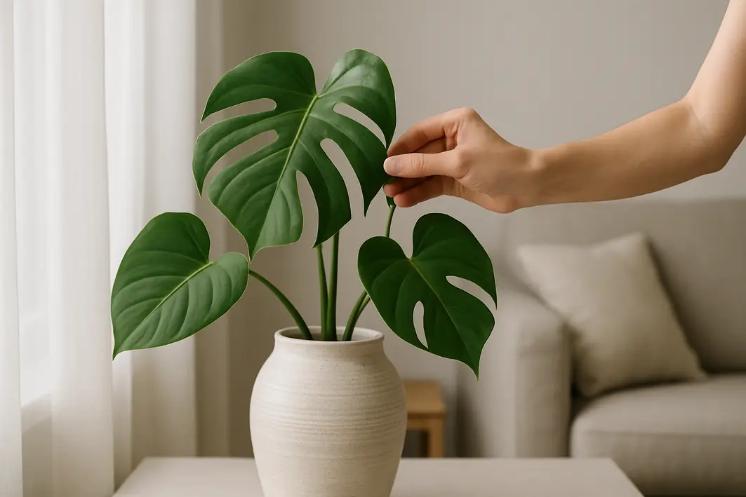 Mão ajustando costela de adão em vaso próximo a janela com cortina branca em sala minimalista