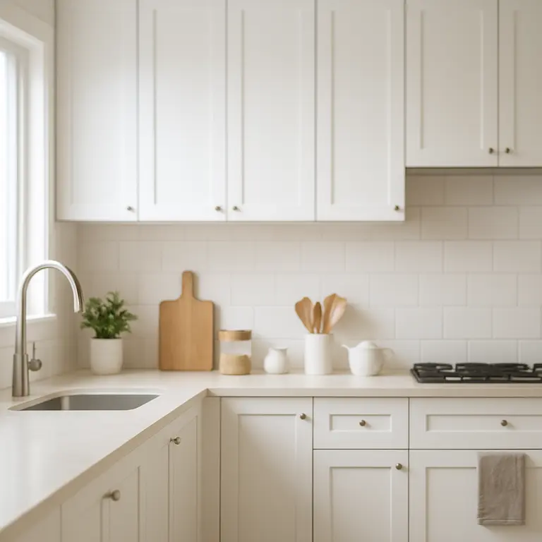 Cozinha moderna com armários brancos organizados e bancada clara sofisticada