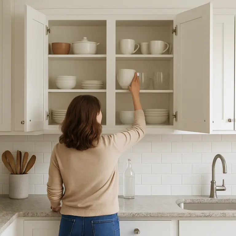 Pessoa organizando utensilios em armarios brancos abertos com bancada clara