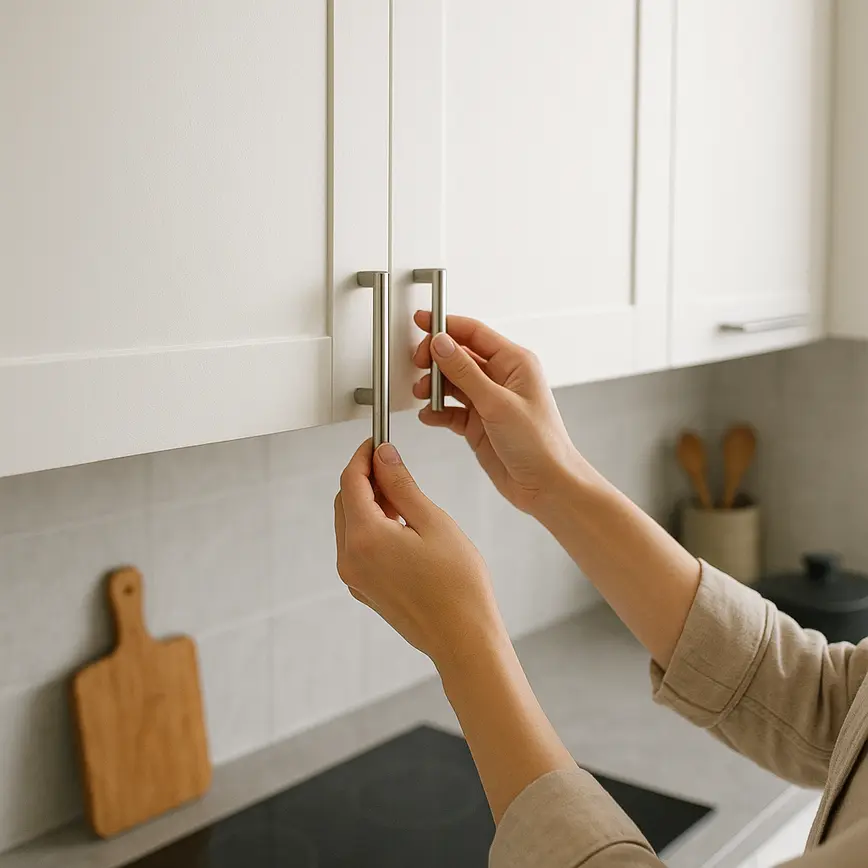 Mãos ajustando puxadores metálicos minimalistas em armários brancos de cozinha moderna