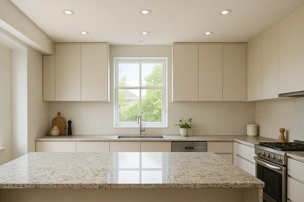 Cozinha moderna com bancada ampla em granito iluminada por spots embutidos no teto, armarios claros e superfice organizada